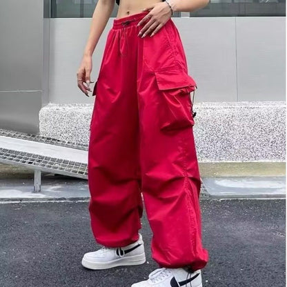 maoxiangshopWomen Big Pockets Cargo Pants Y2k High Elastic Waist Drawstring Baggy Trousers Vintage Casual Loose Side Zipper Straight Pants