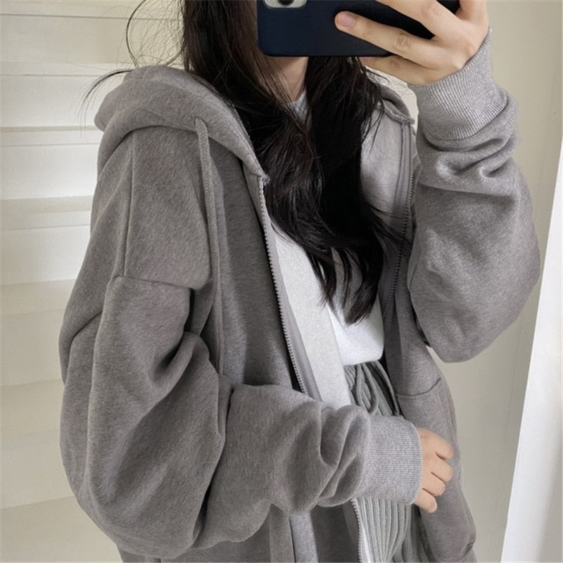 Women Hoodies Autumn Retro Solid Color Zip Up Oversized Sweatshirts Harajuku Korean Version Long Sleeve Hooded Jackets Coat