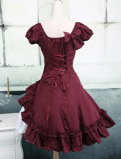 maoxiangshop  -  Wine White Lolita OP Dress Short Sleeves Withe Ruffles Lolita Black Dress  plus Size Lolita