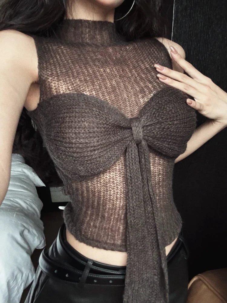 maoxiangshop  -  Y2k Sweater Vest with Bow Half High Collar Jumpers Sexy Slim Sleeveless Knitted Underwear Korean Fashion Autumn Winter