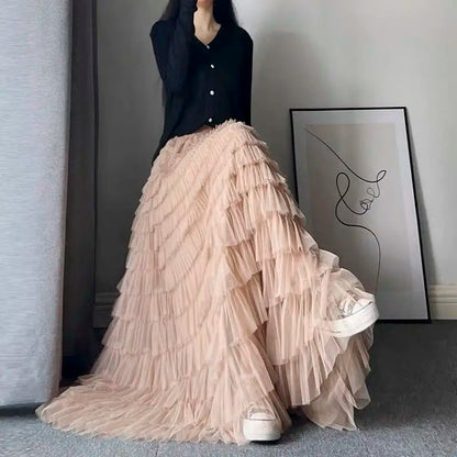 maoxiangshop Fairy Heavy Industry Net Yarn Cake Skirt Women's Spring Summer Long Ankle Design Sense Niche Figure Wide Hem Long Skirts Woman