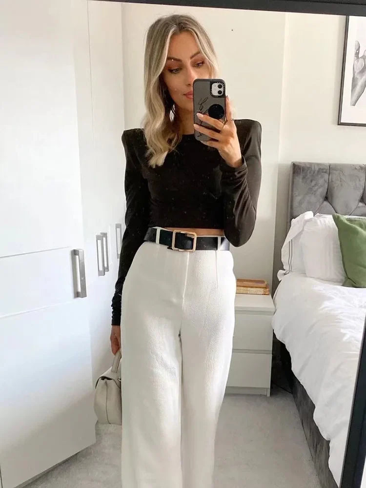 maoxiangshop HH TRAF Autumn Fashion Tops For Women Long Sleeves Asymmetrical Slim Pleated Short Top Female Sexy Party Club Women's Tights