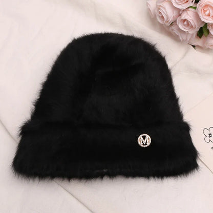 maoxiangshop New Fashion Rabbit Fur Y2k Beanies for Women Soft Warm Fluffy Angola Winter Hat Female Windproof Bonnet Hat Skullies Cap