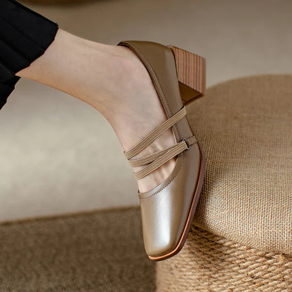 maoxiangshop -  Spring/Autumn Fashion Women Shoes SquareToe Chunky Heel Shoes Women Cow Leather Med Heel Women Pumps Solid Retro Mary Janes