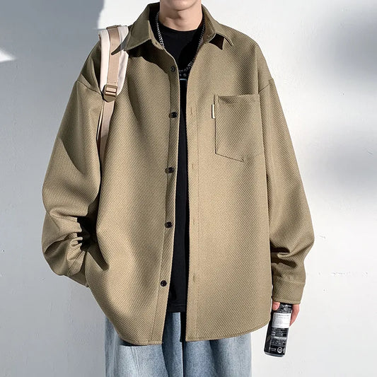 maoxiangshop Autumn New Shirts Fashion Handsome Trend Shirt Man Long Sleeve Simple Lapel Male Blouse Loose All Match Casual Tops Jacket Men