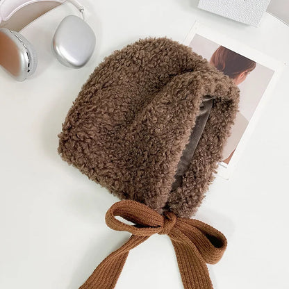 maoxiangshop  -  Lamb Wool Beanies for Women Winter Plush Warm Pullover Hats Thickened Windproof Ear Protection Cap Red Steeple Christmas Bonnets
