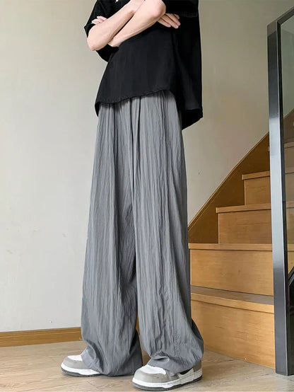 maoxiangshop Ice Silk Linen Straight Casual Pants Men Summer Thin Loose Wide Leg Straight Long Trousers Japanese Lazy Popular 2024 New