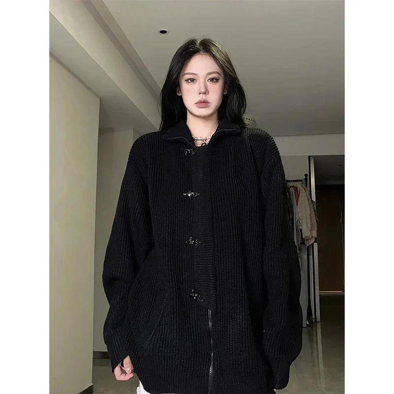 Y2K Knitted Cardigan Women Streetwear Black Oversized Sweater Coat Harajuku Gothic Buttons Zipper Knitwear Casual Jumpers