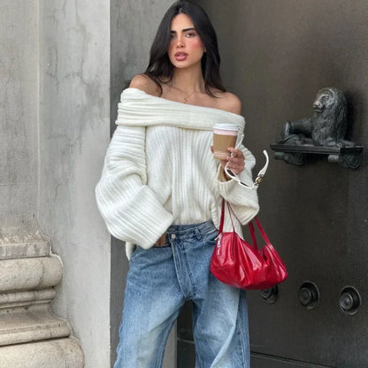 maoxiangshop  -  Off The Shoulder Autumn Women Sweater Pullover Extended Elongated Sleeves Ultra Knitted Sweater Chic Loose Sweaters Streetwear
