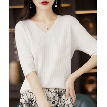 Women Sweater Short Sleeve V-neck Stripe Knitwears Slim Fit Shirt Korean Fashion Pullovers Thin Knit Tops 2023 Bottoming Shirts