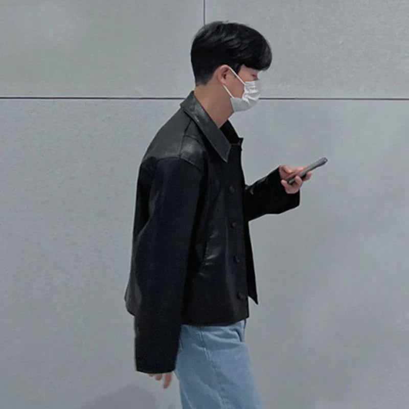 maoxiangshop Short Motorcycle Pu Leather Coat Trend Men's Autumn New Korean Style High End Lapel Loose Jacket Fashion Streetwear