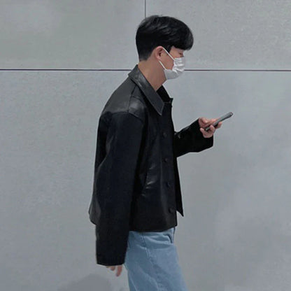 maoxiangshop Short Motorcycle Pu Leather Coat Trend Men's Autumn New Korean Style High End Lapel Loose Jacket Fashion Streetwear