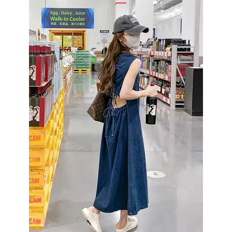 Denim Midi Dress Women Hollow Out A Line Dresses Streetwear Sleeveless Backless Sundress Korean Lace Up Casual Vestidos