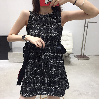 maoxiangshop Vintage Summer Women Tweed Bandage Dresses for Women Party Sleeveless Bow O-Neck Plaid Elegant Casual Empire Bodycon Short Dress