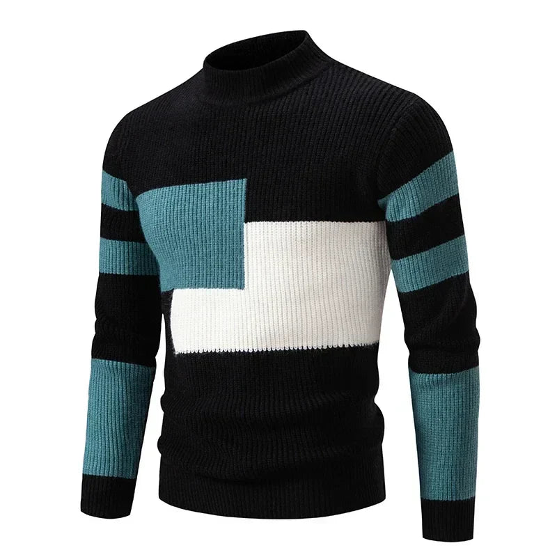 maoxiangshop Men's Autumn Winter New Mock Neck Pullovers Fashion Patchwork Knitted Warm Sweater Man Slim Fit Casual Knitwear Sweaters Tops