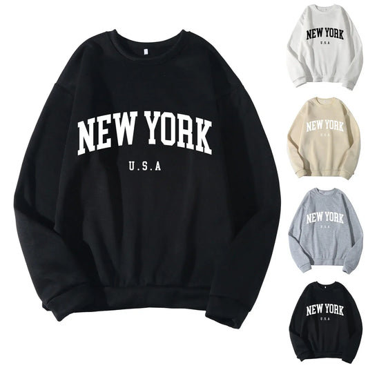 Casual Women Hoodie American Vintage New York Print Letter Graphic Sweatshirts Long Sleeves Simple Fashion Clothes Oversize Tops