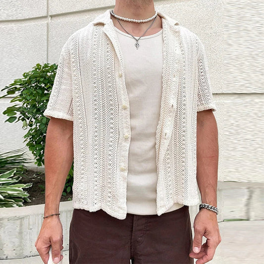 maoxiangshop Vintage Embroidery Knitting Mens Shirts Summer Beach Fashion Loose Short Sleeve Knit Tops For Men New Casual Knitted Cardigans