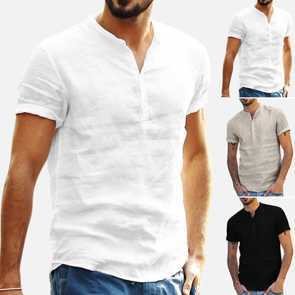 maoxiangshop 2024 New Men's Standing Collar Cotton Linen Short Sleeved Shirt Men's Designer Clothes Popular Tops for Men