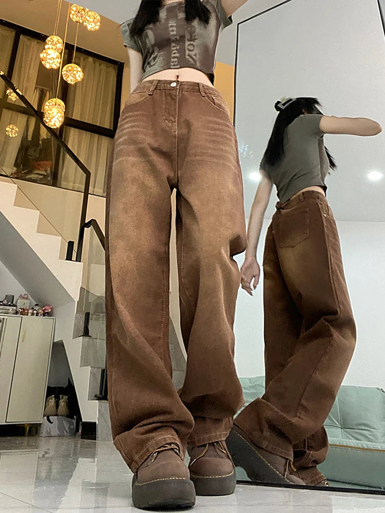 maoxiangshop Women Brown Jeans 90s Aesthetic Y2k Vintage Baggy Denim Trouser Fashion Harajuku High Waist Wide Cowboy Pants 2000s Clothes