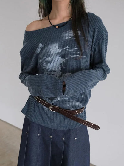 maoxiangshop  -  Autumn Harajuku Women Printing Tees Vintage Streetwear Grunge Skew Collar Tops Y2k Aesthetic Loose Casual Hiphop Vintage Tops
