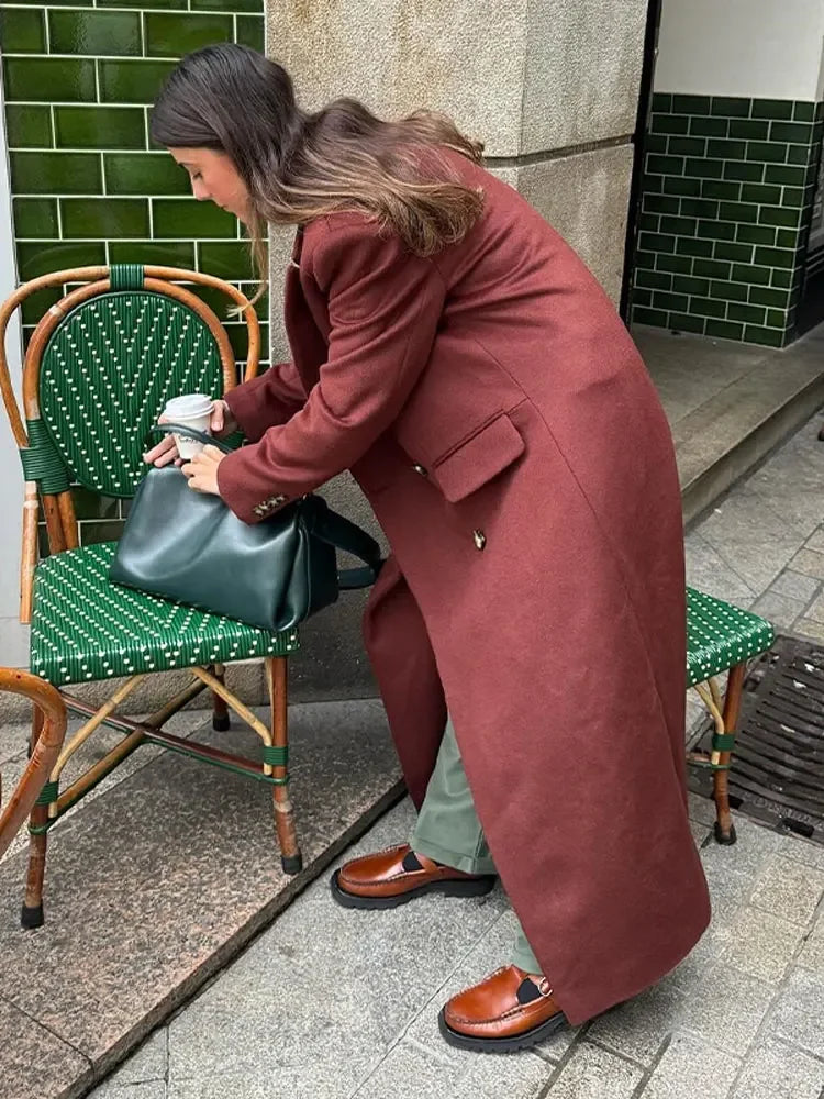 maoxiangshop -  Winter Vintage Solid Wool Blends Long Coats Women Turndown Collar Double Breasted Jacket Office Lady Street Long Sleeve Overcoat