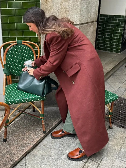 maoxiangshop -  Winter Vintage Solid Wool Blends Long Coats Women Turndown Collar Double Breasted Jacket Office Lady Street Long Sleeve Overcoat