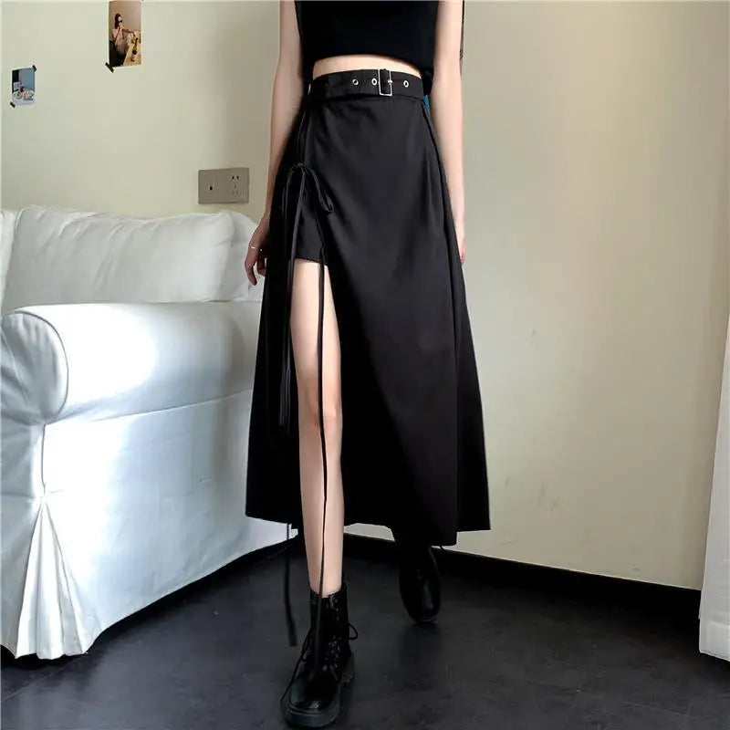 maoxiangshop Vintage Dark Gothic High Split Mid-Calf Skirts Women Elegant Fashion Party Club High Waist Femme Bottom Streetwear Goth Skirt