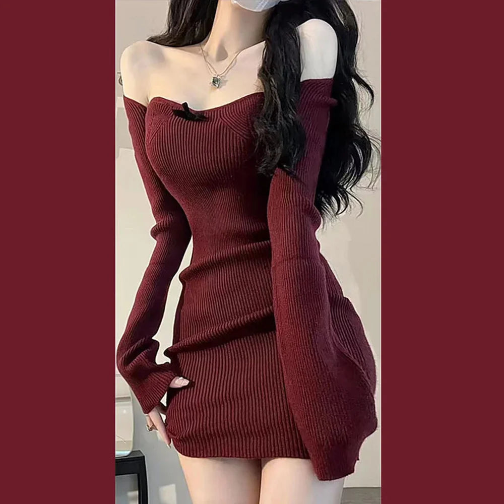 maoxiangshop Girls Sexy Knitted Dress Square Collar Christmas Red Knitted Skirt Autumn and Winter Underlay Skirt Knitted Wrap Hip Skirt