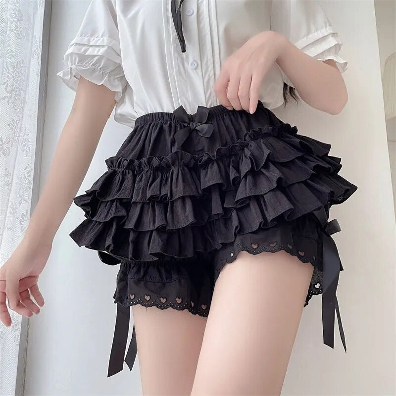 maoxiangshop Black White Ruffle Knickers Women Kawaii Pumpkin Panties Cute Lace Bowknot Lolita Safety Shorts Pants Vintage Victorian Bloomers