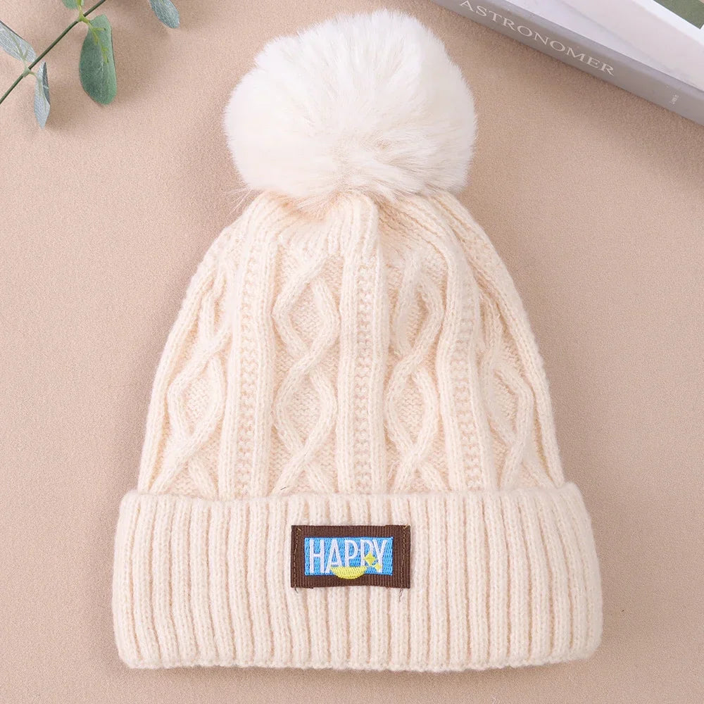 maoxiangshop thicken Fur Pom Knitted Beanies Hat Female Plush Winter Fleece-lined Warm Hats for Women Girl's Outdoor Woolen Thermal Gorro Cap