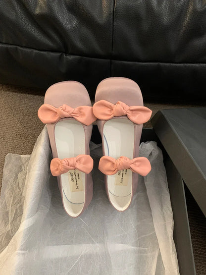 maoxiangshop  -  2024 NEW Korean style Lolita Mary Jane Shoes Women's Shoes Square Toe Women's Shoes Two Bow Ballet Flats Spring/Autumn Flats