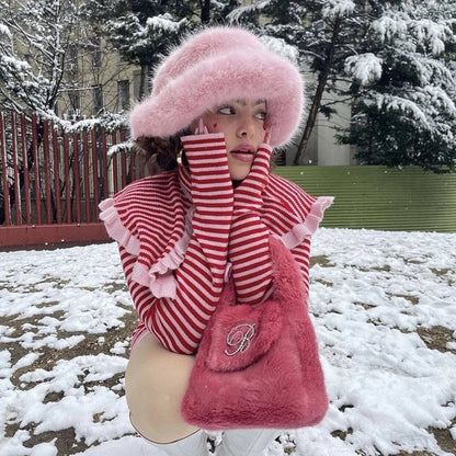 maoxiangshop  -  Y2K Fluffy Faux Fur Bucket Hat Women Winter Warm Thick Plush Ear Warmer Panama Fisherman Cap Lady Luxury Elegant Party Basin Hat