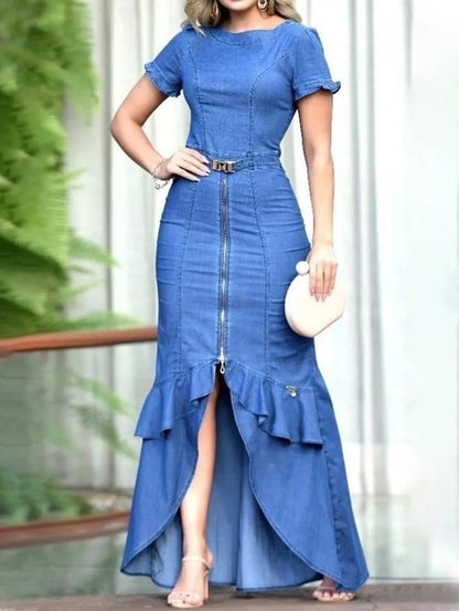 maoxiangshop Women Fashion Plain Boat Neck Short Sleeve Tulip Hem Maxi Denim Bodycon Dress Denim Dress Casual Long Dresses Streetwear