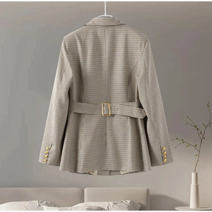 maoxiangshop  -  Plaid Coat Women Belt Autumn Winter Slim Lapel Buttons Pockets Outerwear Female Long Sleeve Vintage Jacket Lady High Street Chic