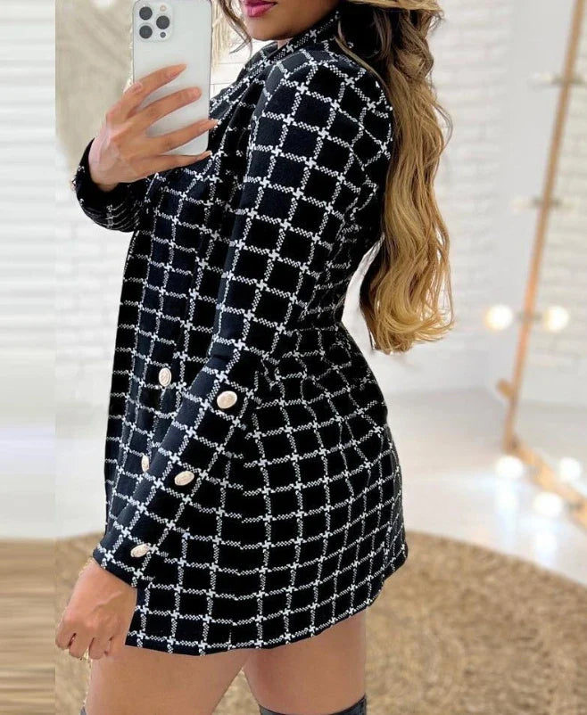 maoxiangshop 3Pcs Women Outfit Autumn Fashion Plaid Print Shawl Collar Long Sleeve Blazer Coat & Elegant Mini Shorts Set with Crop Top