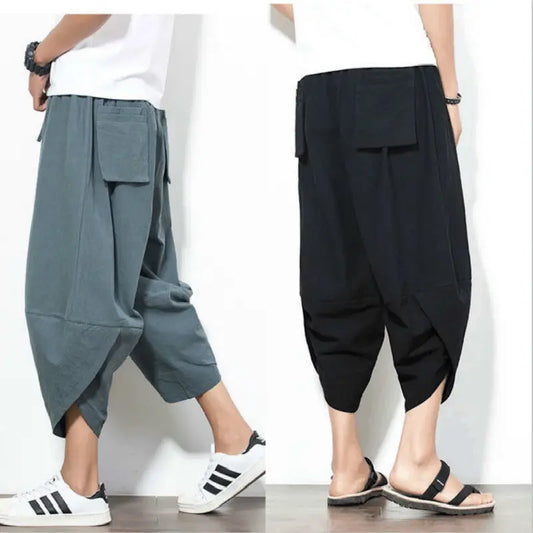 maoxiangshop 5XL Baggy Cotton Harem Pants Men Summer Print Japanese Vintage Solid Men Women Hip Hop Plus Size Wide Leg Pants Pantalon