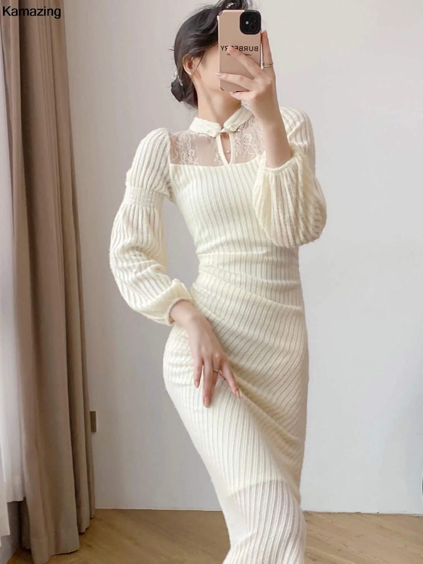 Autumn Winter Elegant Slim Evening Prom Party Dresses Ladys Vintage Long Sleeve Midi Vestdios Women Fashion One Piece Clothes