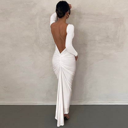 maoxiangshop Backless Maxi Dress Elegant Red Long Sleeve Sexy Ruched Bodyocn Evening Party Dress for Women Spring Slim Christmas Outfits