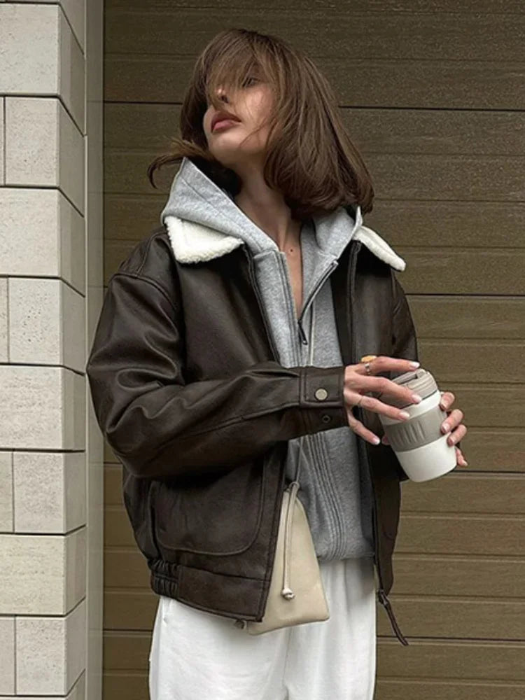 maoxiangshop  -  Solid Color Full Sleeve Zipper Faux Leather Jackets For Women Lamb Wool Lapel Demi-season Coats Autumn Warm New High Streetwear