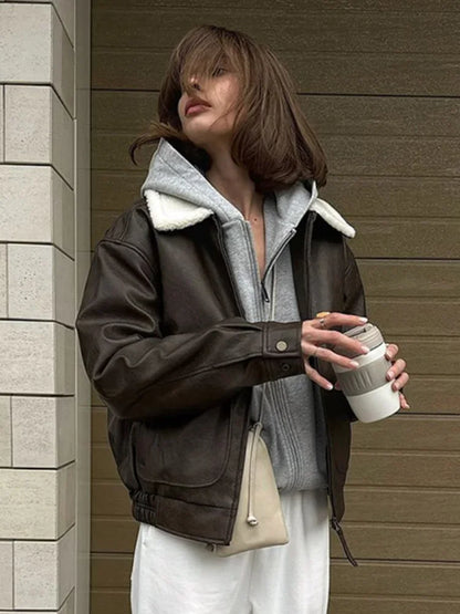 maoxiangshop  -  Solid Color Full Sleeve Zipper Faux Leather Jackets For Women Lamb Wool Lapel Demi-season Coats Autumn Warm New High Streetwear