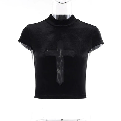 maoxiangshop-Goth Dark Cross Sheer Mall Gothic Women T-shirts Grunge Aesthetic Punk Sexy Emo Black Top Streetwear Fashion Alternative Clothes