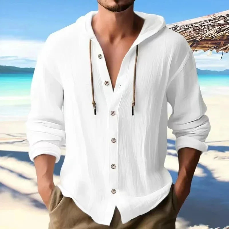 maoxiangshop Summer Men's Linen Shirt Solid Streetwear Long Sleeve Hoodie Cardigan Clothing For Men Button Tops Casual Loose Men Hooded Shirt