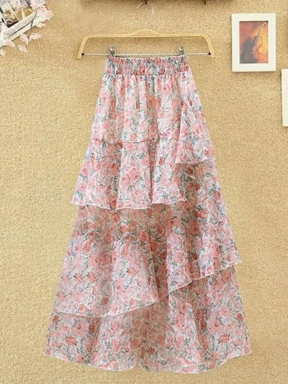 maoxiangshop New Temperament Skirt Summer Floral Irregular Ruffle All-match A-line Skirt Breathable Fairy Cake Skirt Fashion Party