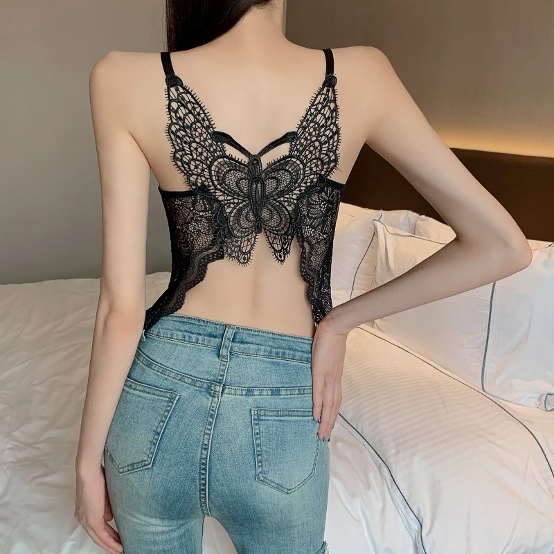 maoxiangshop Hollow Out Lace Butterfly Back Camisole With Bra Women Sexy Padded Black White Tank Crop Tops Female Camis Summer