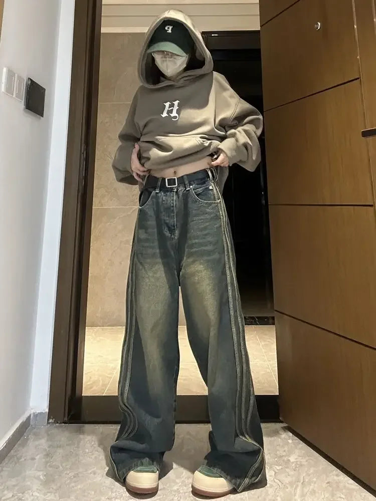 maoxiangshop Y2K Vintage High Waist Streetwear Style Blue Jeans Pants Korean Fashion Women's Wide Leg Striped Denim Trouser Female Clothes