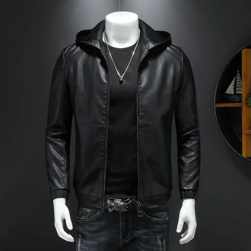 maoxiangshop Hooded PU Jackets Men Biker Jacket Spring Autumn Leather Jacket Coat Male Fashion Casual Black PU Leather Coat Big Size 5XL