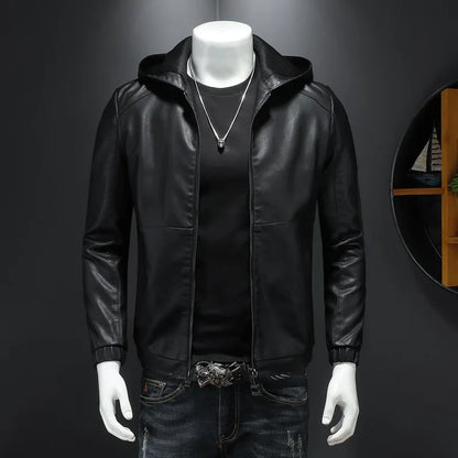 maoxiangshop Hooded PU Jackets Men Biker Jacket Spring Autumn Leather Jacket Coat Male Fashion Casual Black PU Leather Coat Big Size 5XL