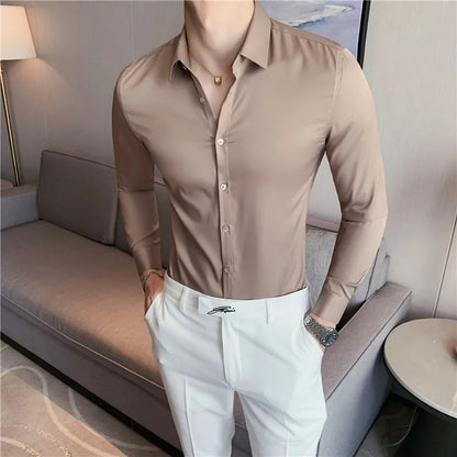 maoxiangshop Mens Shirts Autumn New Long Sleeve Stripe Dress Shirt Solid Casual Formal Wear Slim Fit Chemise Homme Camisas Men Clothing