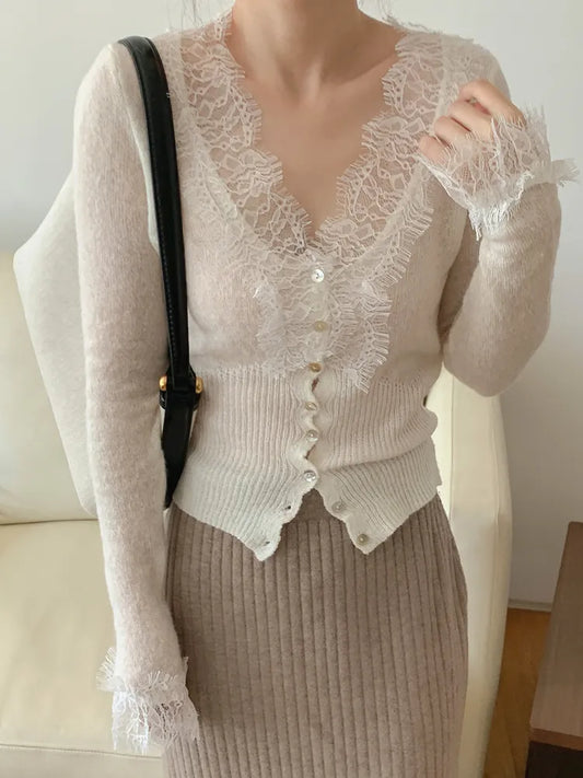 maoxiangshop New Korean Fashion Chic Vintage Sweater Lace Women Autumn Winter Knitted V-Neck Cardigans Elegant Tops