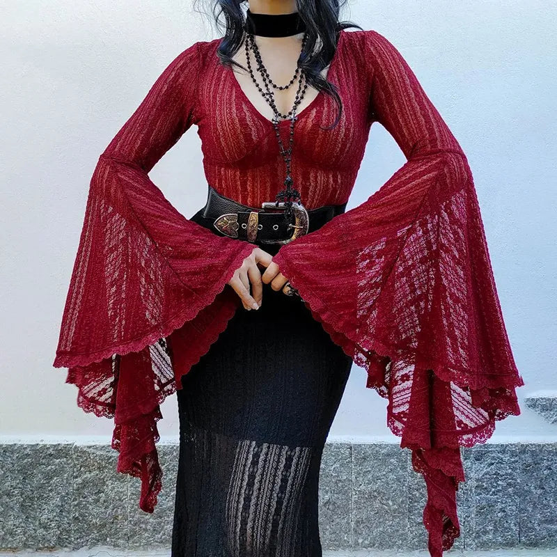 maoxiangshop Lace See Through Mall Gothic Aesthetic Bodysuits Flare Sleeve Grunge Sexy Women Tops Punk Bodycon V-neck Alt Bodysuit